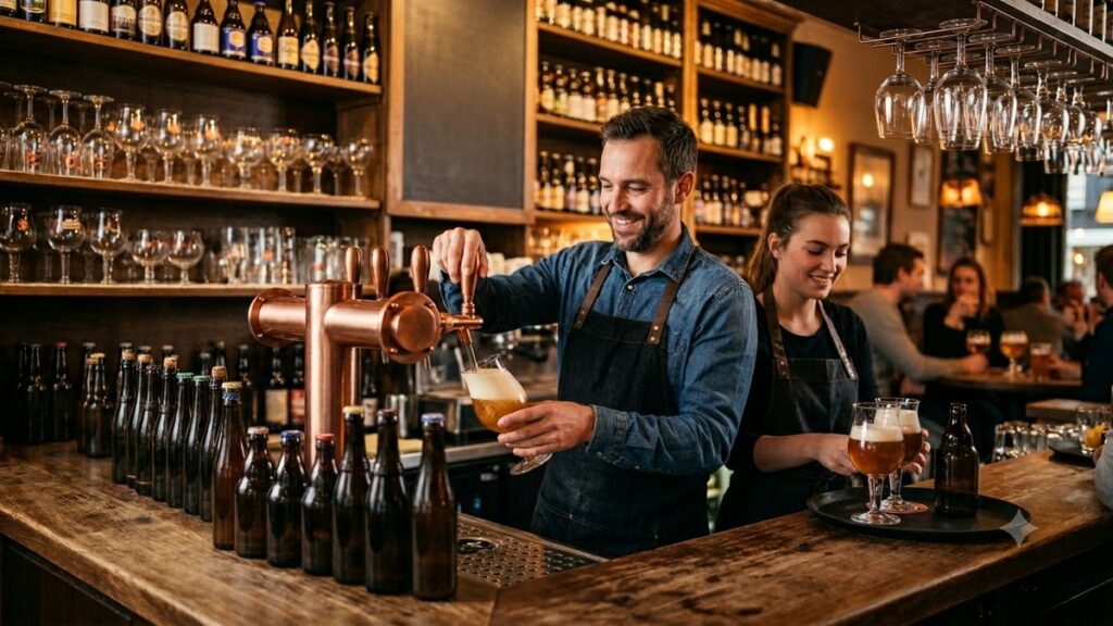 Интерьер крафтового бара Pinka Bar с бокалами бельгийского пива при теплом освещении